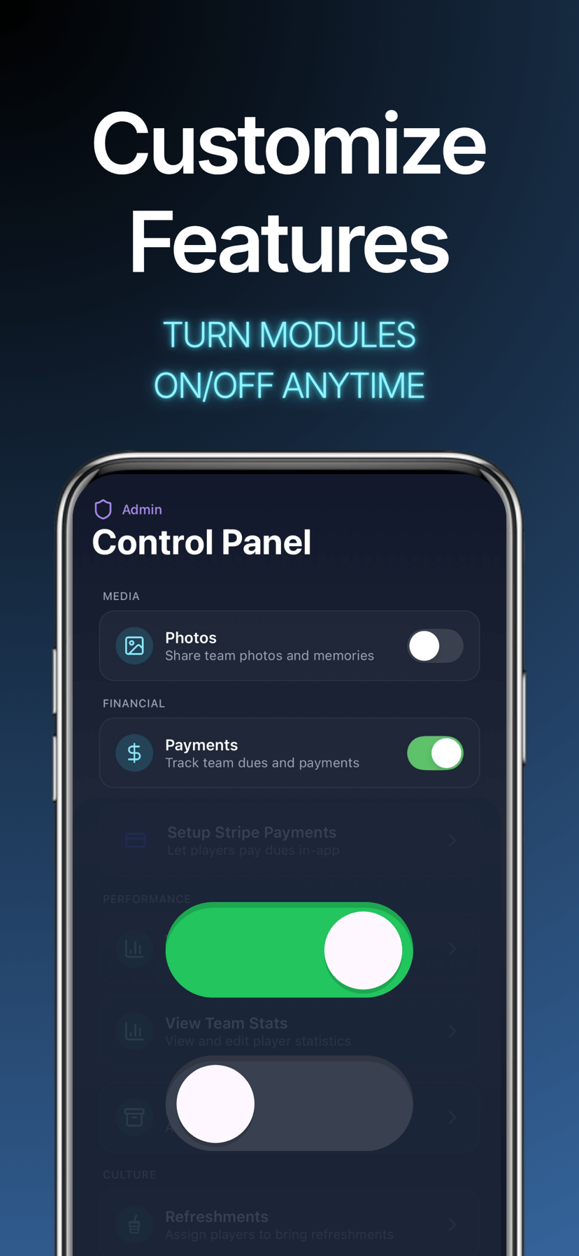 Customize your team features — turn modules on or off
