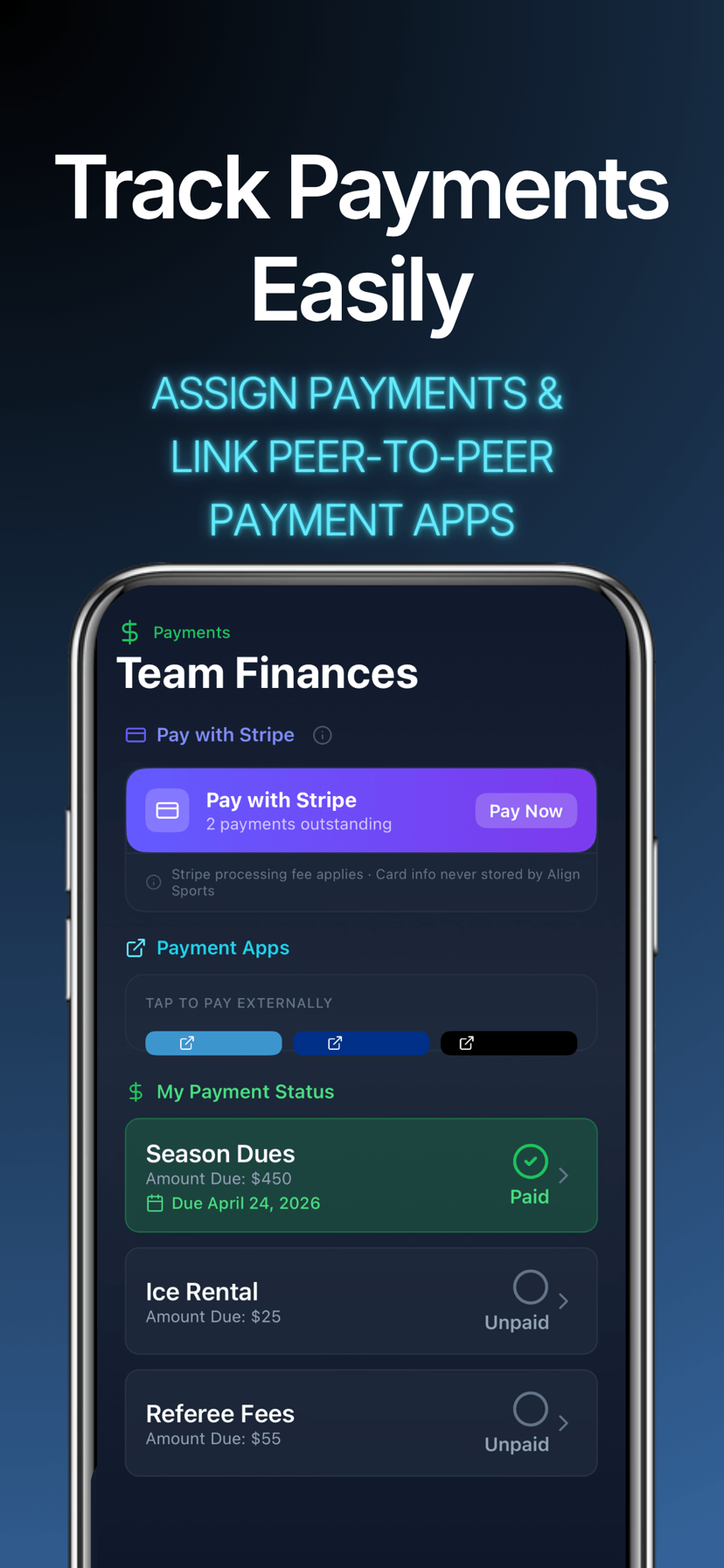 Team payment tracking with Venmo, PayPal, Zelle, Cash App